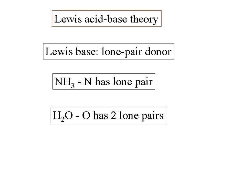 Lewis acid-base theory Lewis base: lone-pair donor NH 3 - N has lone pair