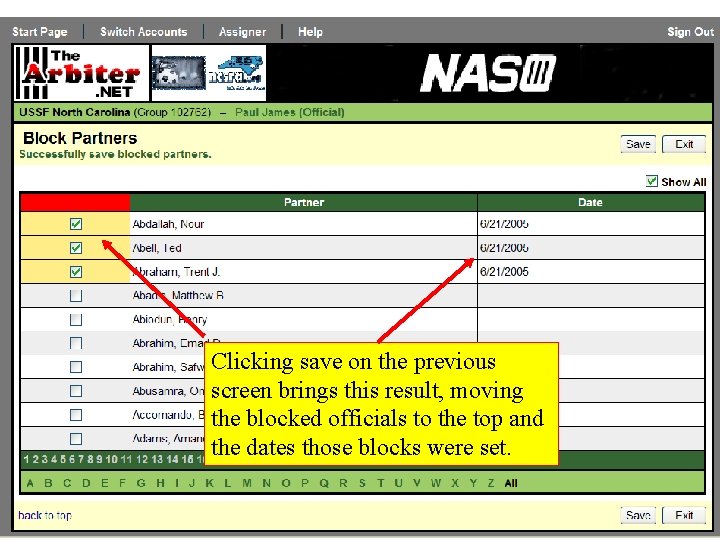Clicking save on the previous screen brings this result, moving the blocked officials to