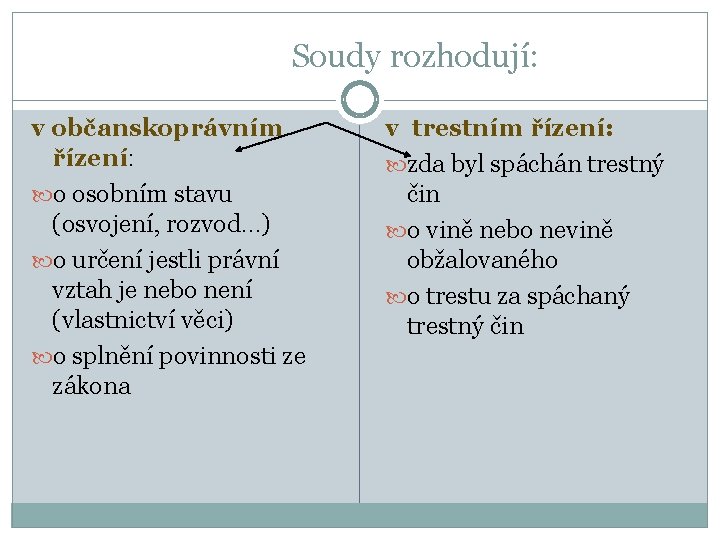 Soudy rozhodují: v občanskoprávním řízení: o osobním stavu (osvojení, rozvod…) o určení jestli právní