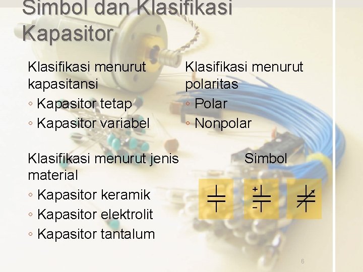 Simbol dan Klasifikasi Kapasitor Klasifikasi menurut kapasitansi ◦ Kapasitor tetap ◦ Kapasitor variabel Klasifikasi