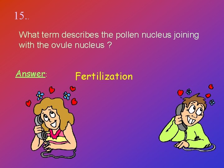 15. . What term describes the pollen nucleus joining with the ovule nucleus ?