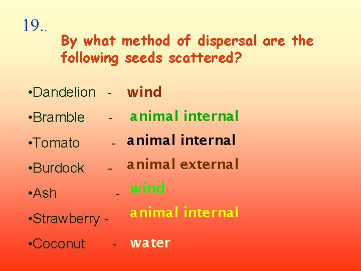 19. . By what method of dispersal are the following seeds scattered? • Dandelion