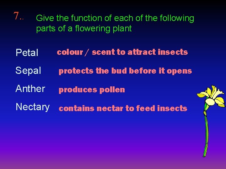 7. . Give the function of each of the following parts of a flowering