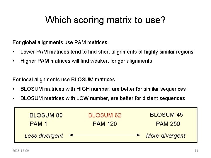 Which scoring matrix to use? For global alignments use PAM matrices. • Lower PAM Which scoring matrix to use? For global alignments use PAM matrices. • Lower PAM