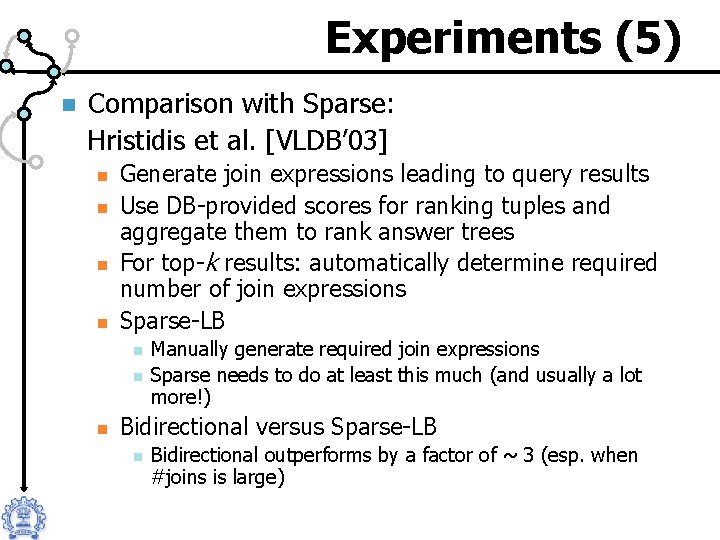 Experiments (5) n Comparison with Sparse: Hristidis et al. [VLDB’ 03] n n Generate