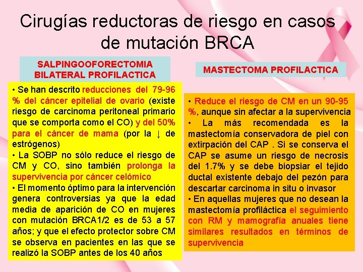Cirugías reductoras de riesgo en casos de mutación BRCA SALPINGOOFORECTOMIA BILATERAL PROFILACTICA MASTECTOMA PROFILACTICA