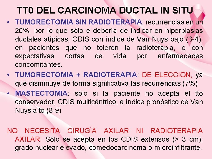 TT 0 DEL CARCINOMA DUCTAL IN SITU • TUMORECTOMIA SIN RADIOTERAPIA: recurrencias en un