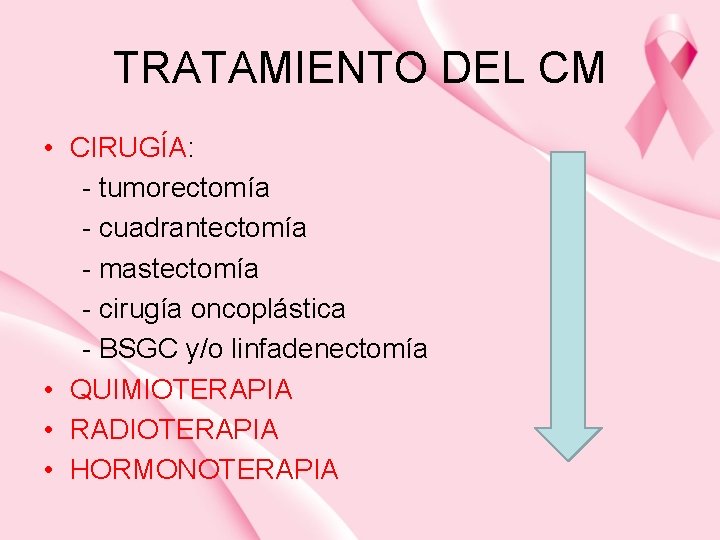TRATAMIENTO DEL CM • CIRUGÍA: - tumorectomía - cuadrantectomía - mastectomía - cirugía oncoplástica