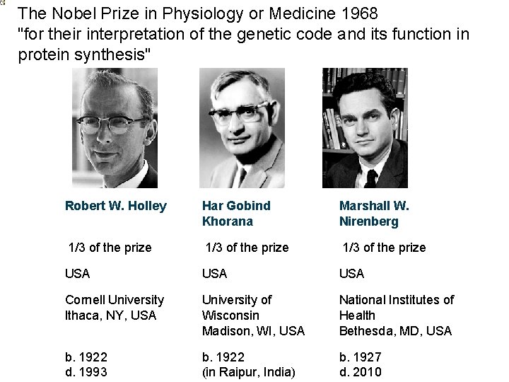 The Nobel Prize in Physiology or Medicine 1968 "for their interpretation of the genetic