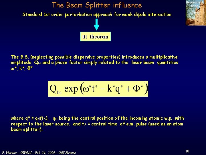The Beam Splitter influence Università di Urbino Standard 1 st order perturbation approach for