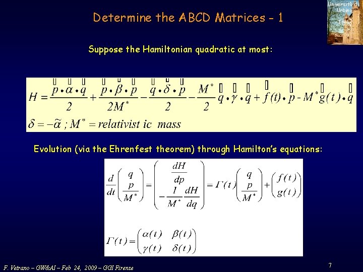 Determine the ABCD Matrices - 1 Università di Urbino Italy Suppose the Hamiltonian quadratic