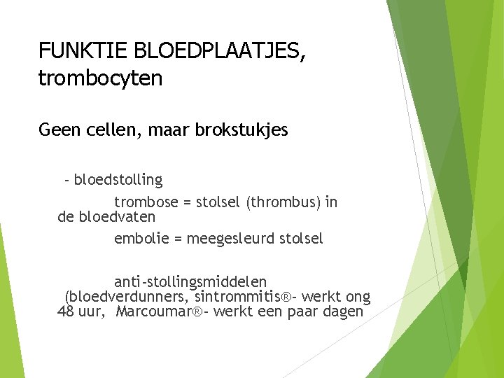 FUNKTIE BLOEDPLAATJES, trombocyten Geen cellen, maar brokstukjes - bloedstolling trombose = stolsel (thrombus) in