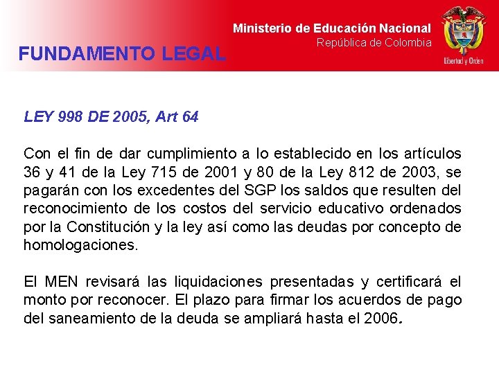 Ministerio de Educación Nacional FUNDAMENTO LEGAL República de Colombia LEY 998 DE 2005, Art