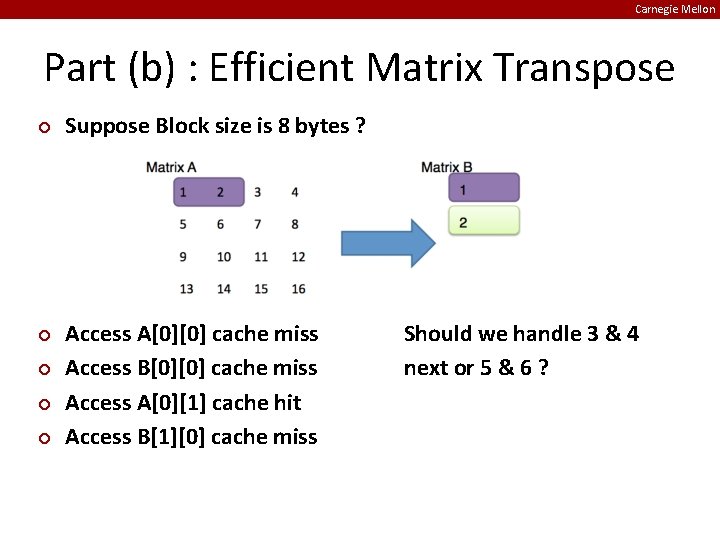 Carnegie Mellon Part (b) : Efficient Matrix Transpose ¢ ¢ ¢ Suppose Block size