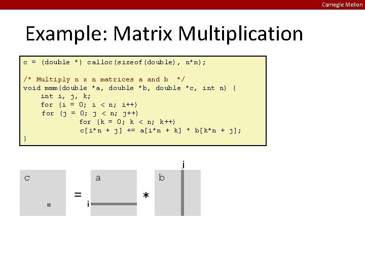 Carnegie Mellon Example: Matrix Multiplication c = (double *) calloc(sizeof(double), n*n); /* Multiply n