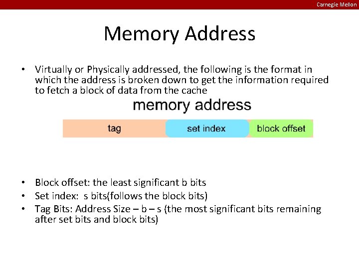 Carnegie Mellon Memory Address • Virtually or Physically addressed, the following is the format