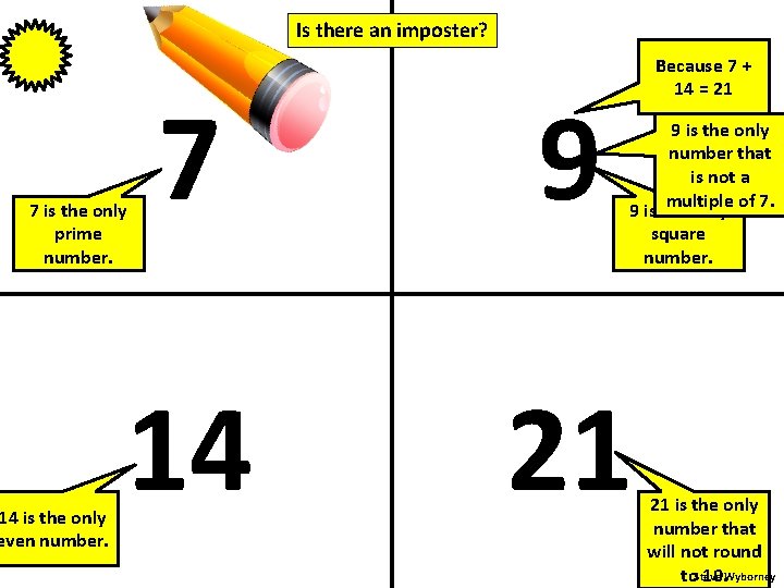 Is there an imposter? 7 9 14 21 7 is the only prime number.