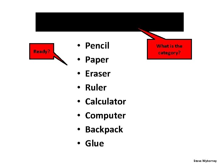 School Supplies Ready? • • Pencil Paper Eraser Ruler Calculator Computer Backpack Glue What