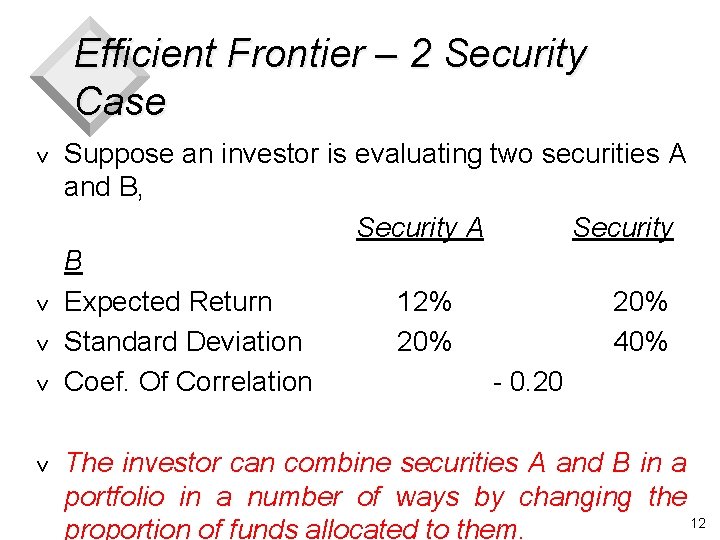 Efficient Frontier – 2 Security Case v v v Suppose an investor is evaluating