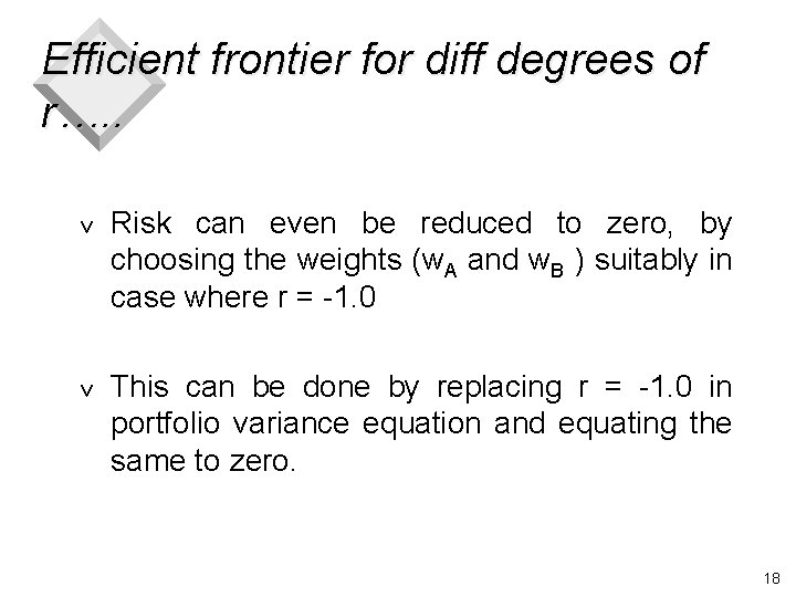 Efficient frontier for diff degrees of r…. . v Risk can even be reduced