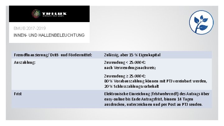 BMUB 2017 -2019 INNEN- UND HALLENBELEUCHTUNG Fremdfinanzierung/ Dritt- und Fördermittel: Zulässig, aber 15 %