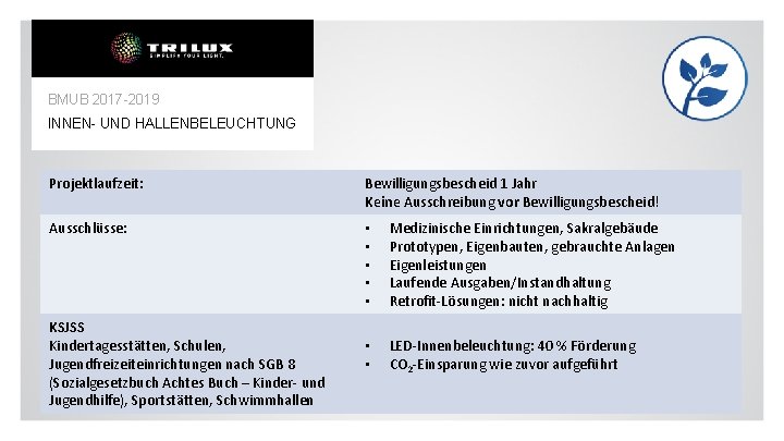 BMUB 2017 -2019 INNEN- UND HALLENBELEUCHTUNG Projektlaufzeit: Bewilligungsbescheid 1 Jahr Keine Ausschreibung vor Bewilligungsbescheid!