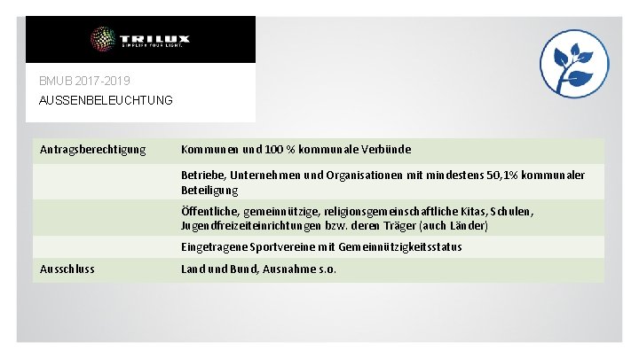 BMUB 2017 -2019 AUSSENBELEUCHTUNG Antragsberechtigung Kommunen und 100 % kommunale Verbünde Betriebe, Unternehmen und