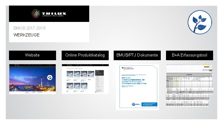 BMUB 2017 -2019 WERKZEUGE Website Online Produktkatalog BMUB/PTJ Dokumente B+A Erfassungstool 