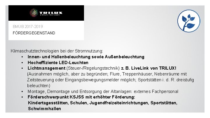 BMUB 2017 -2019 FÖRDERGEGENSTAND Klimaschutztechnologien bei der Stromnutzung: • Innen- und Hallenbeleuchtung sowie Außenbeleuchtung