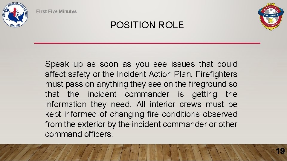 First Five Minutes POSITION ROLE Speak up as soon as you see issues that