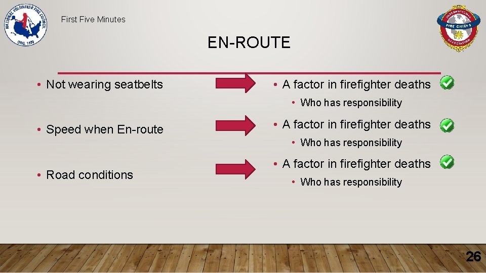 First Five Minutes EN-ROUTE • Not wearing seatbelts • A factor in firefighter deaths