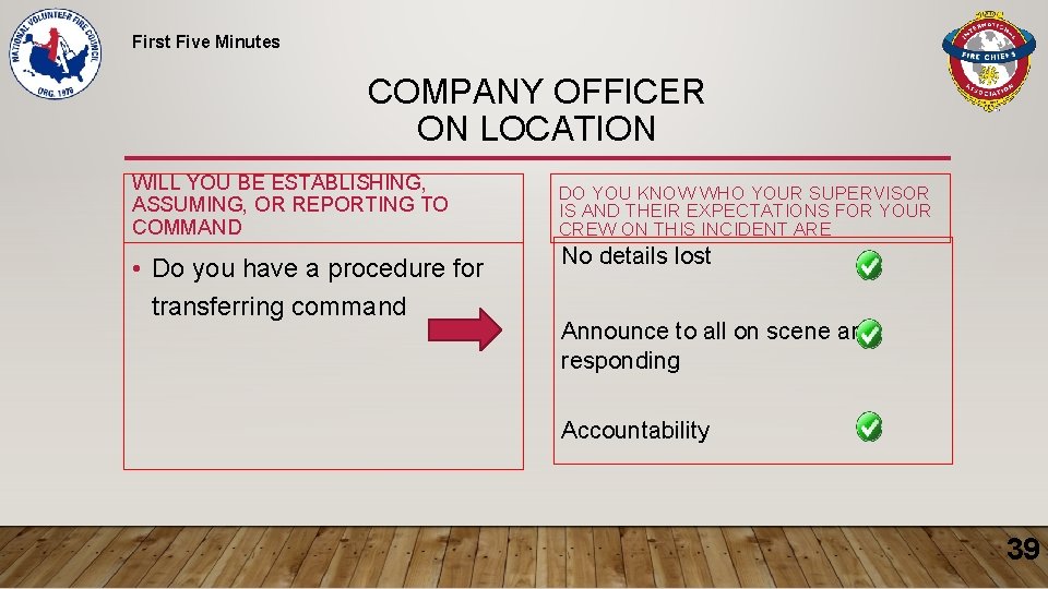 First Five Minutes COMPANY OFFICER ON LOCATION WILL YOU BE ESTABLISHING, ASSUMING, OR REPORTING