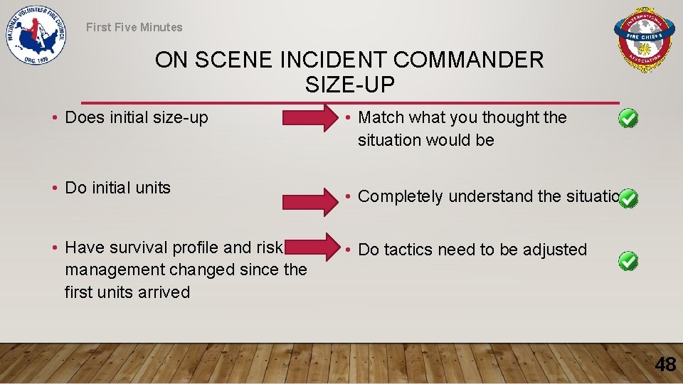 First Five Minutes ON SCENE INCIDENT COMMANDER SIZE-UP • Does initial size-up • Match