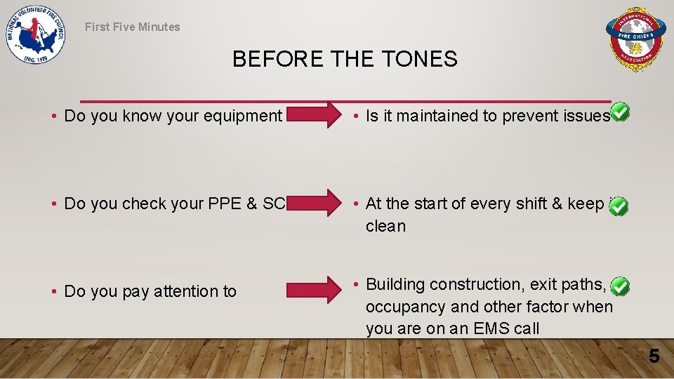 First Five Minutes BEFORE THE TONES • Do you know your equipment • Is