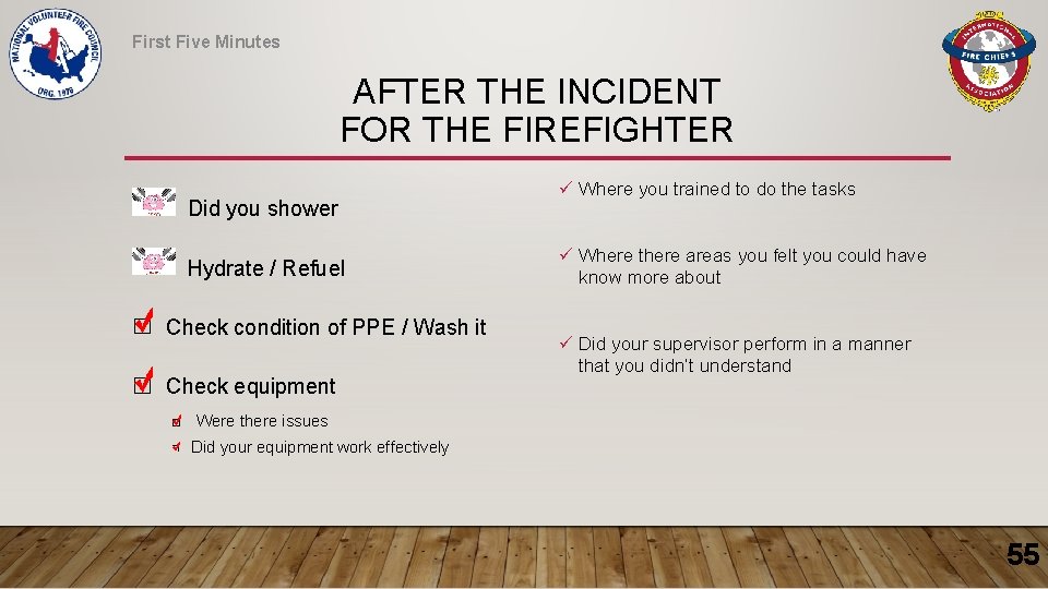 First Five Minutes AFTER THE INCIDENT FOR THE FIREFIGHTER Did you shower Hydrate /