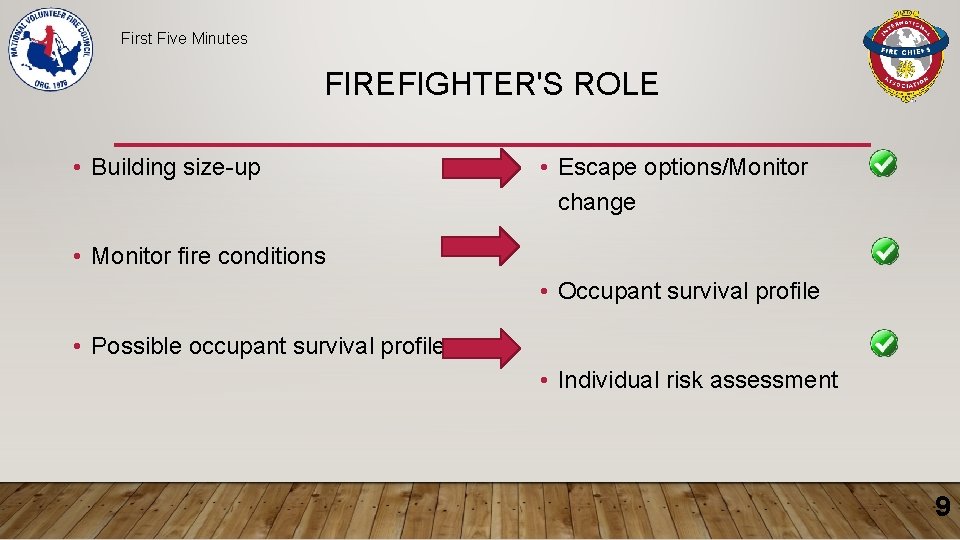 First Five Minutes FIREFIGHTER'S ROLE • Building size-up • Escape options/Monitor change • Monitor