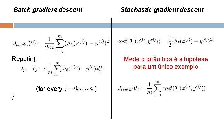 Batch gradient descent Stochastic gradient descent Repetir { Mede o quão boa é a