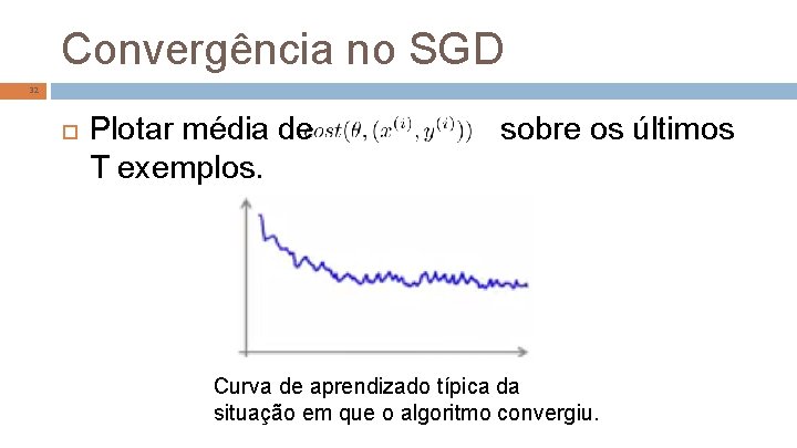 Convergência no SGD 32 Plotar média de T exemplos. sobre os últimos Curva de