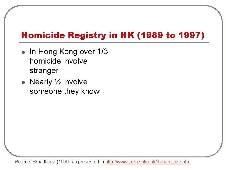 Homicide Registry in HK (1989 to 1997) l l In Hong Kong over 1/3