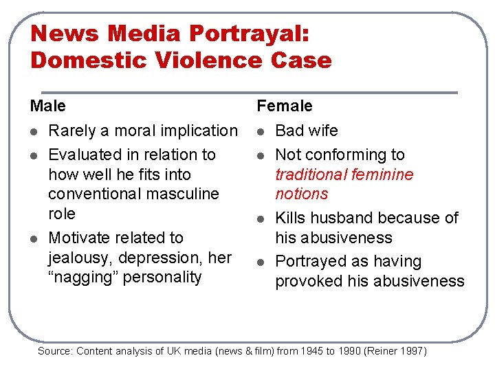 News Media Portrayal: Domestic Violence Case Male l l l Rarely a moral implication