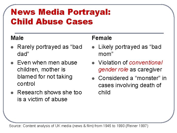 News Media Portrayal: Child Abuse Cases Male l l l Rarely portrayed as “bad