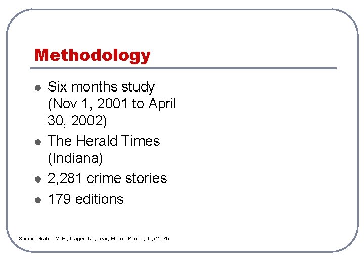 Methodology l l Six months study (Nov 1, 2001 to April 30, 2002) The