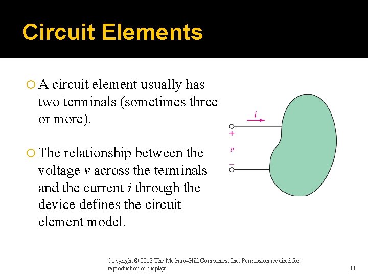 Circuit Elements A circuit element usually has two terminals (sometimes three or more). The