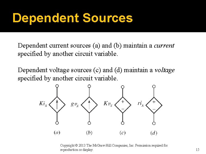 Dependent Sources Dependent current sources (a) and (b) maintain a current specified by another
