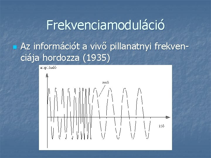 Frekvenciamoduláció n Az információt a vivő pillanatnyi frekvenciája hordozza (1935) 