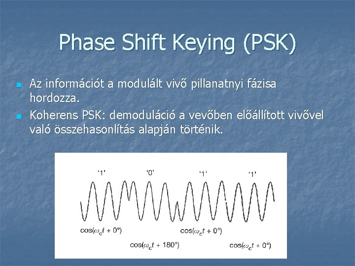 Phase Shift Keying (PSK) n n Az információt a modulált vivő pillanatnyi fázisa hordozza.