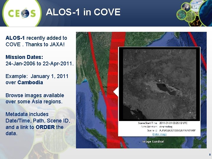 ALOS-1 in COVE ALOS-1 recently added to COVE. Thanks to JAXA! Mission Dates: 24