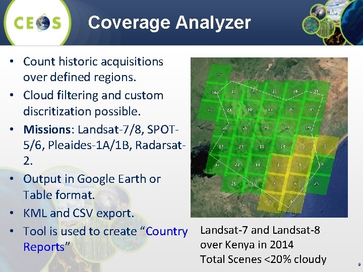 Coverage Analyzer • Count historic acquisitions over defined regions. • Cloud filtering and custom