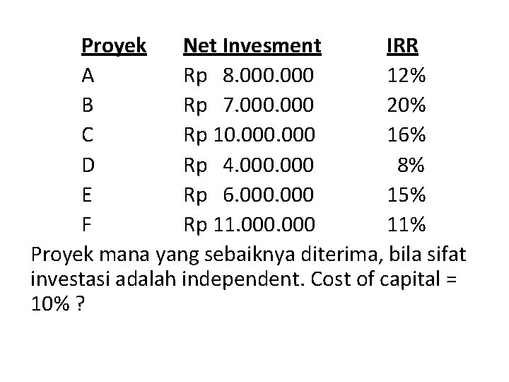 Proyek Net Invesment IRR A Rp 8. 000 12% B Rp 7. 000 20%