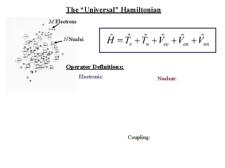 The “Universal” Hamiltonian M Electrons N Nuclei Operator Definitions: Electronic: Nuclear: Coupling: 